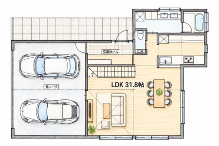 ���} LDK��31.8���B�������̂��郊�r���O�ɂ͗z�����~�蒍���܂��B�����Ɏ�2��A���q�p��1�䂨���ԃX�y�[�X���������܂��B